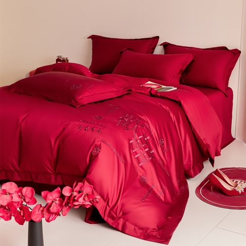 中式纯棉结婚四件套婚庆全棉床单被套酒红色喜被新婚嫁房床上用品
