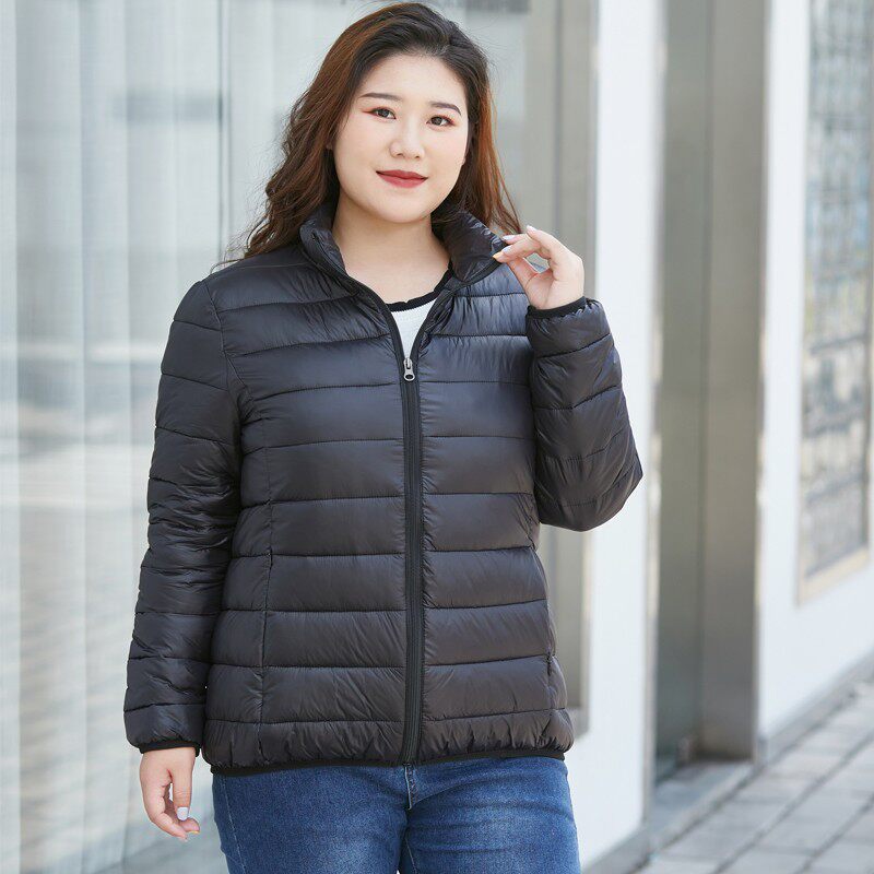 黑色立领工服小棉袄2021新款轻薄羽绒棉服女大码胖mm宽松棉衣外套
