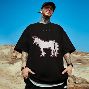 300g重磅美式高街短袖t恤街头大码黑色圆领纯棉简约半袖男生潮流