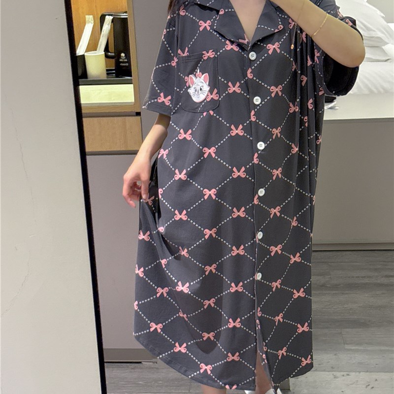 短袖翻领开衫睡裙女夏天中长款薄款纯棉睡衣大码胖mm20Z0斤家居服