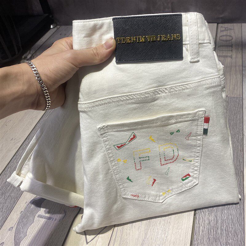 彩绘九分白色牛仔裤男春夏薄款锥形小脚9分设计感高级印花修身裤