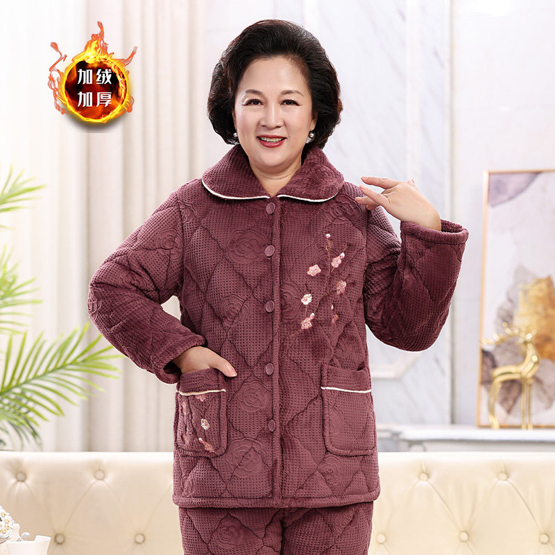 中老年睡衣女冬季加厚加绒三层夹棉妈妈装牛奶绒家居X服老年人棉