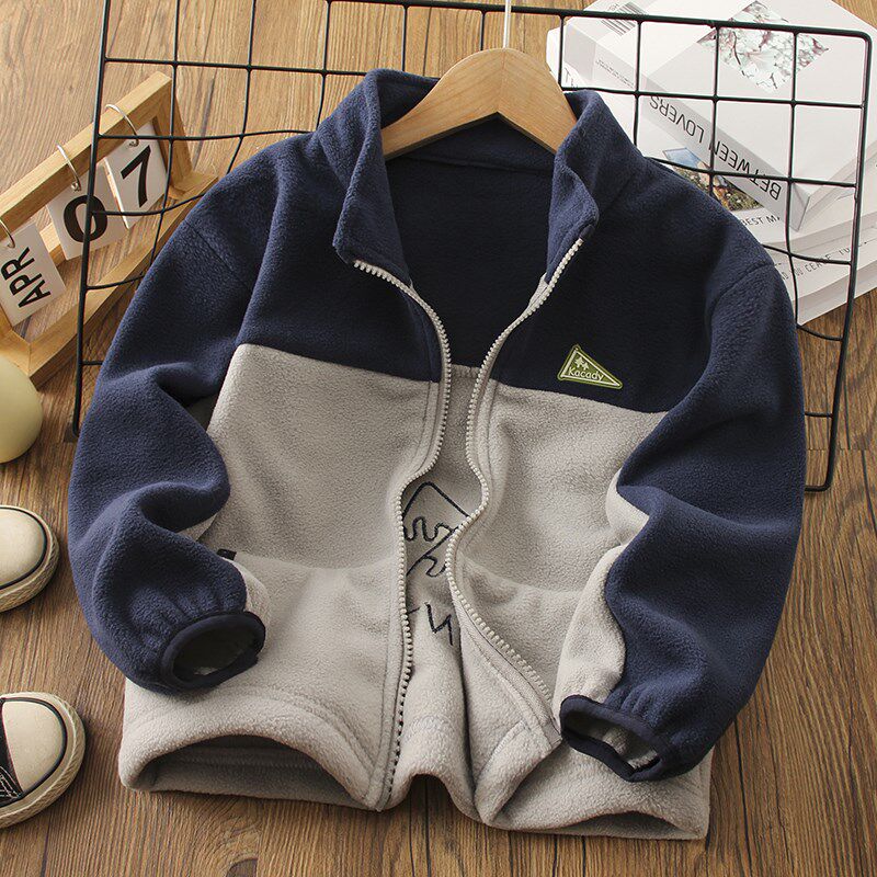 儿童摇粒绒外套2024春秋新款男童拼色薄绒卫衣男孩抓绒保暖上衣潮