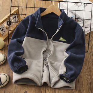 儿童摇粒绒外套2024春秋新款男童拼色薄绒卫衣男孩抓绒保暖上衣潮