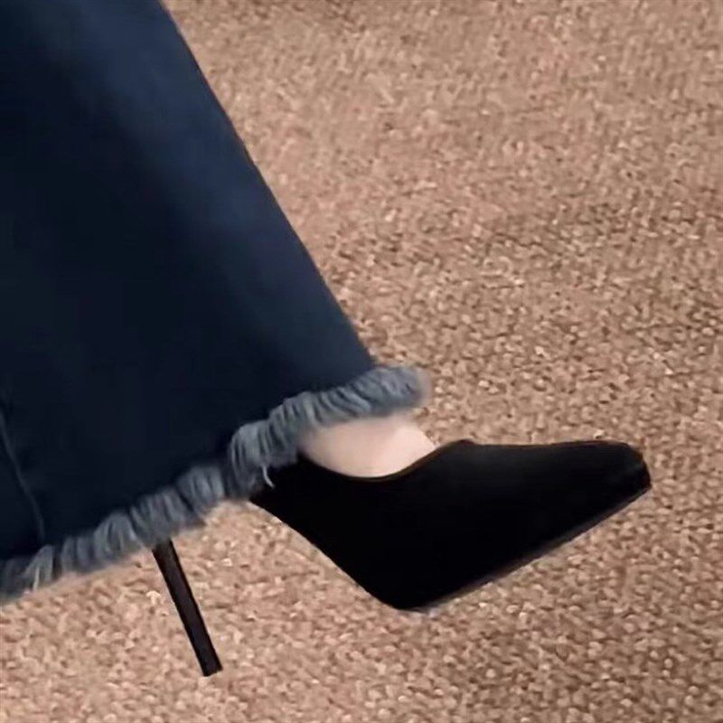 黑色防水台高跟鞋秋冬新款绒面尖头细跟气质小个子10cm不累脚单鞋