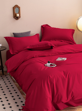 红色结婚1d00支纯棉四件套w夏季丝滑裸睡被套床单全棉婚庆床上用