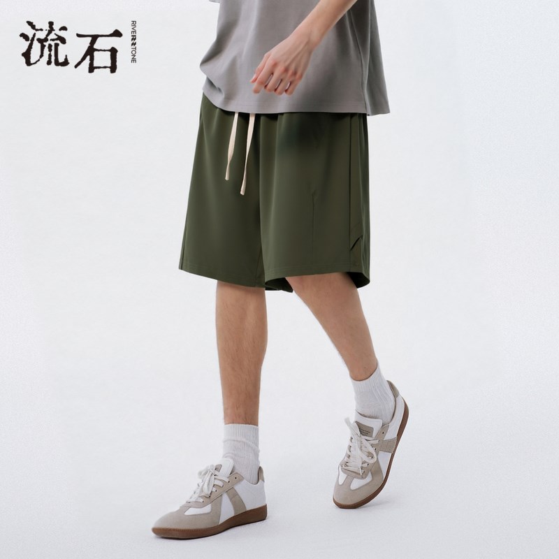 流石男装宽松时尚休闲短裤2025年夏季男士个性杏色抽绳经典直筒裤