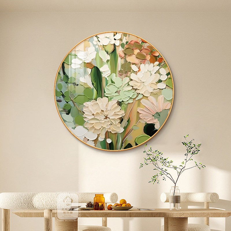 入户玄关装饰画现代轻奢客餐厅圆形壁画奶油风高级肌理感花卉挂画图片
