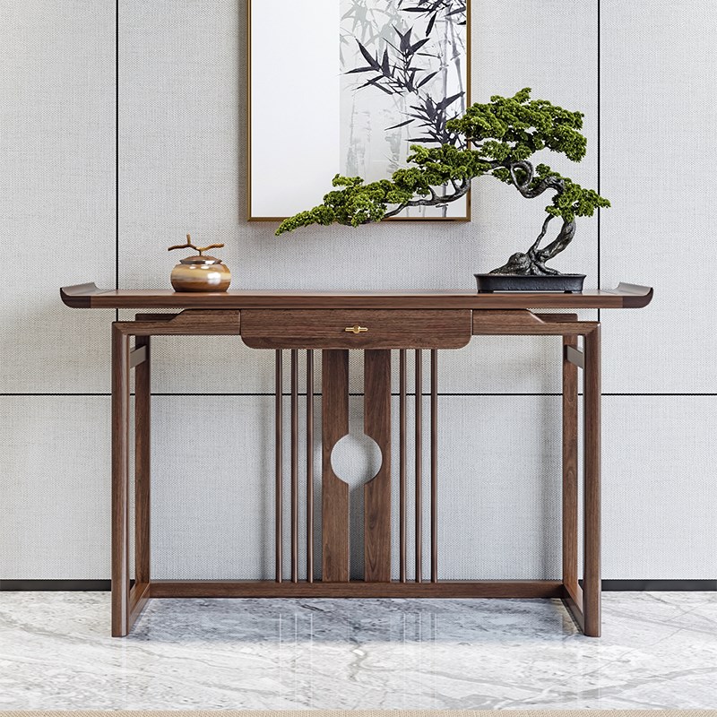 新中式玄c关桌中式实木简约条案轻奢入户禅意榆木玄关柜窄款玄关