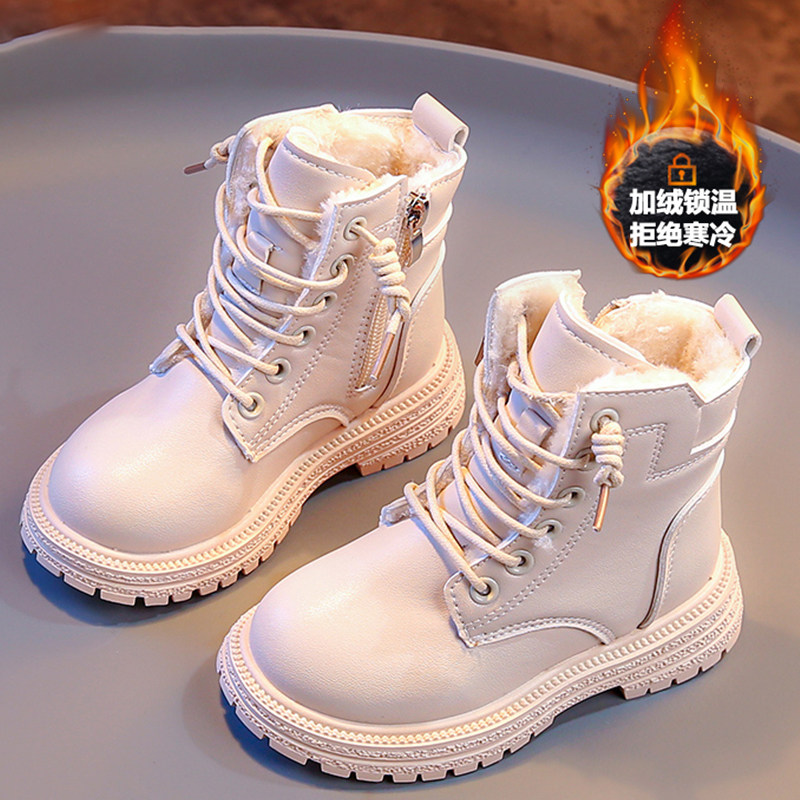 白色马丁靴女童鞋2023冬季新款儿童大棉靴短靴小女孩加绒保暖皮靴