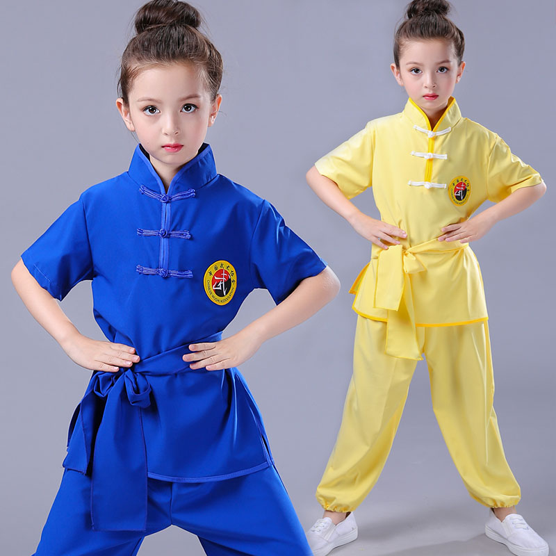 儿童武术表演练功中国风太极演出服蓝黄色短袖夏季功夫武馆训练服