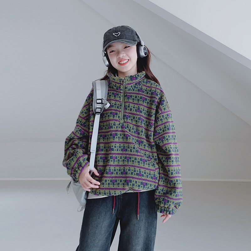 女童卫衣2024秋冬新款女大童初中生加厚毛绒儿童学生半拉链上衣