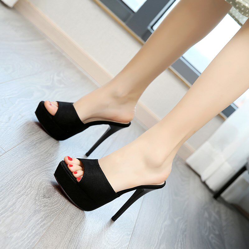 12cm细跟超高跟凉拖鞋女外穿防水台黑白色简约工作试衣一字拖韩版