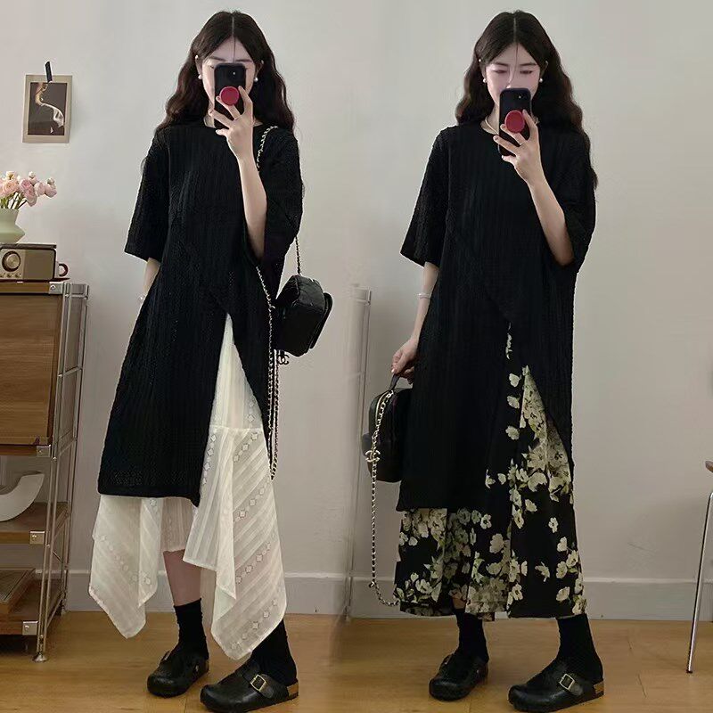 大码赫本风套装女夏季胖MM显瘦开叉短袖上衣不规则半身裙子两件套