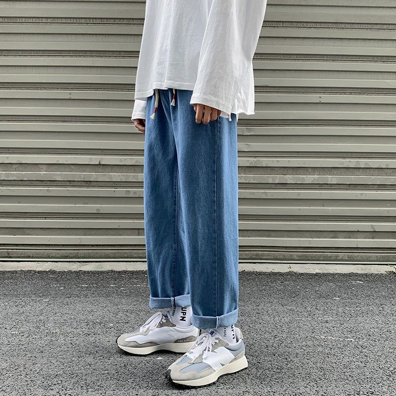松紧腰牛仔裤男系绳直筒宽松港风九分韩版潮流百搭青少年学生裤子