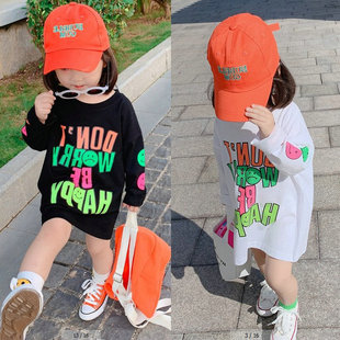 女童春季长袖卫衣裙春秋中小童字母连衣裙宝宝休闲宽松中长款T恤