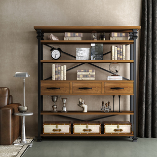 美式置物架复古铁艺书架r带抽屉收纳架住宅展示架实木陈列架可定