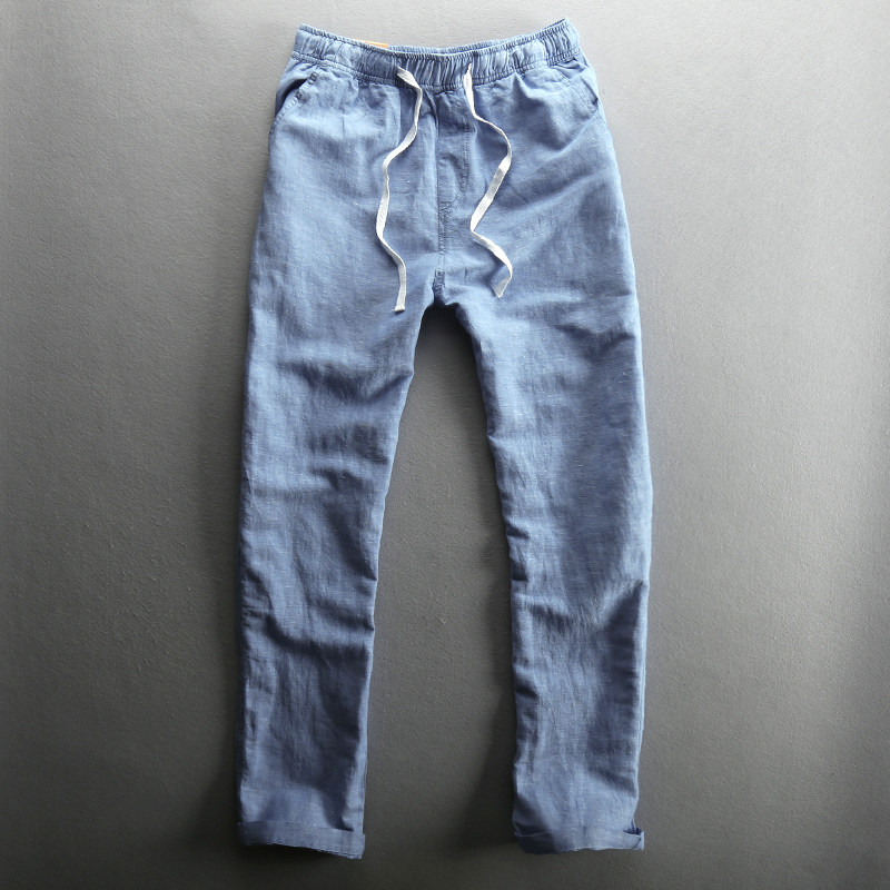 2023秋新款男士休闲亚麻裤宽松薄款透气棉麻料松紧系带麻布长裤子