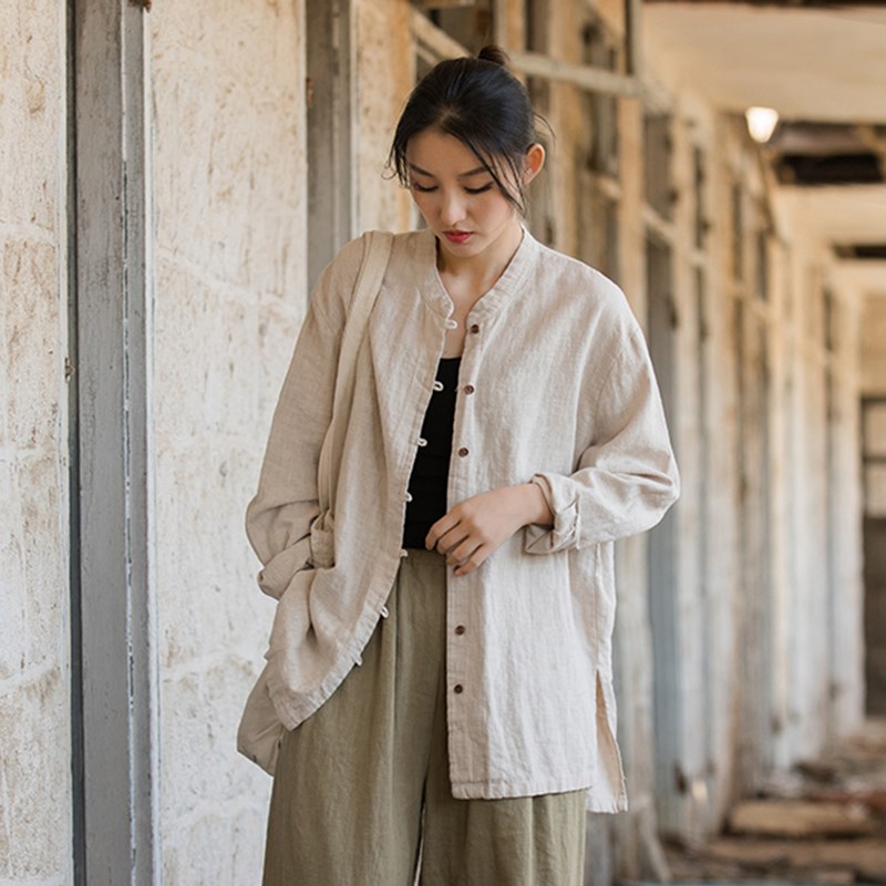 棉麻女装2024新款禅意风外搭新中式上衣文艺立领外套长袖衬衣开衫