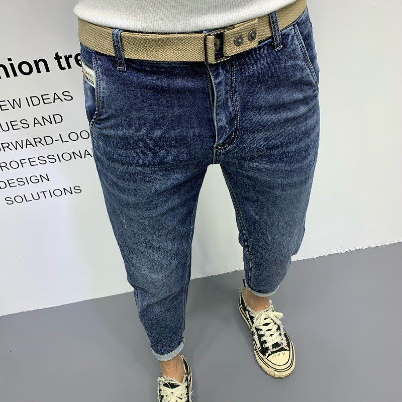 夏季新款牛仔裤男斜插口袋潮流弹力哈伦小脚裤韩版水洗蓝色九分裤