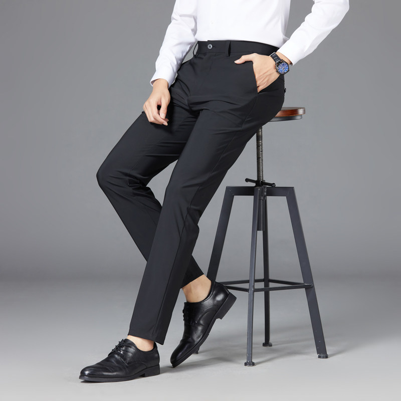 夏季男士休闲裤冰丝高弹力牛奶丝男裤子商务修身直筒长裤春夏薄款