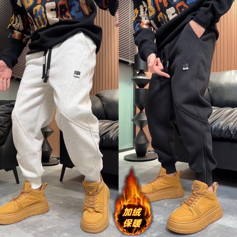 秋冬新款纯色重磅加绒卫裤男百搭时尚脚拉链运动休闲裤潮流束脚裤