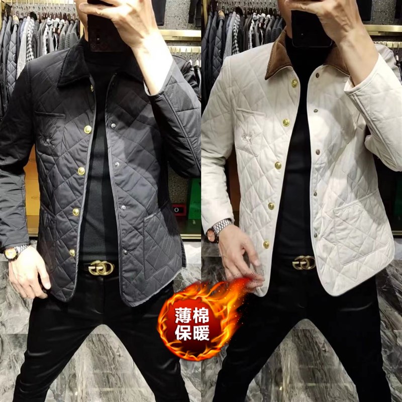 454春季新款男士欧货菱形格翻领棉袄夹克外套男冬季薄棉保暖棉服