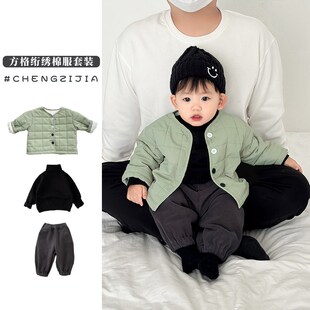 男童冬季棉服套装帅气女宝宝加绒外套婴儿保暖针织打底衫加厚裤子