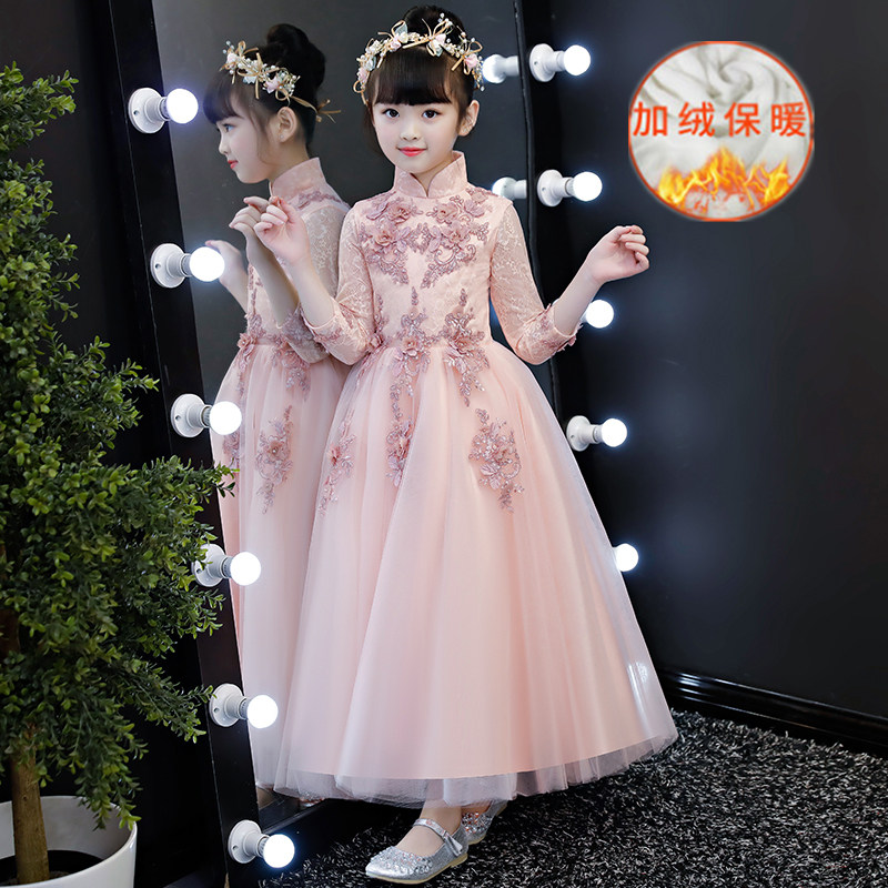 儿童公主裙加绒花童婚礼长袖生日礼服女童小主持人钢琴演出服秋冬