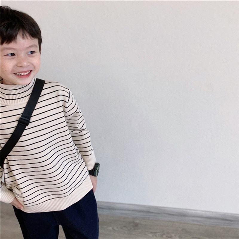 童妈定制男女童韩版宽松半高领条纹毛衣儿童针织衫宝宝上衣秋冬装
