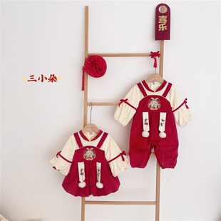 婴幼儿宝宝女童秋冬加绒夹棉中式新年旗袍爬服外出服连体衣连衣裙