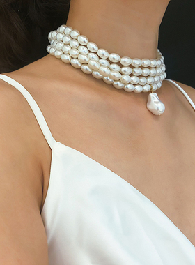 复古多层珍珠颈链女时尚百搭短项链清新甜美珠子吊坠锁骨链配饰品