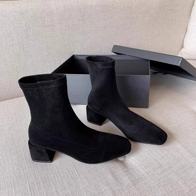 弹力瘦瘦靴女秋冬新款绒面黑色粗跟高跟短靴及裸靴方头袜靴女靴子