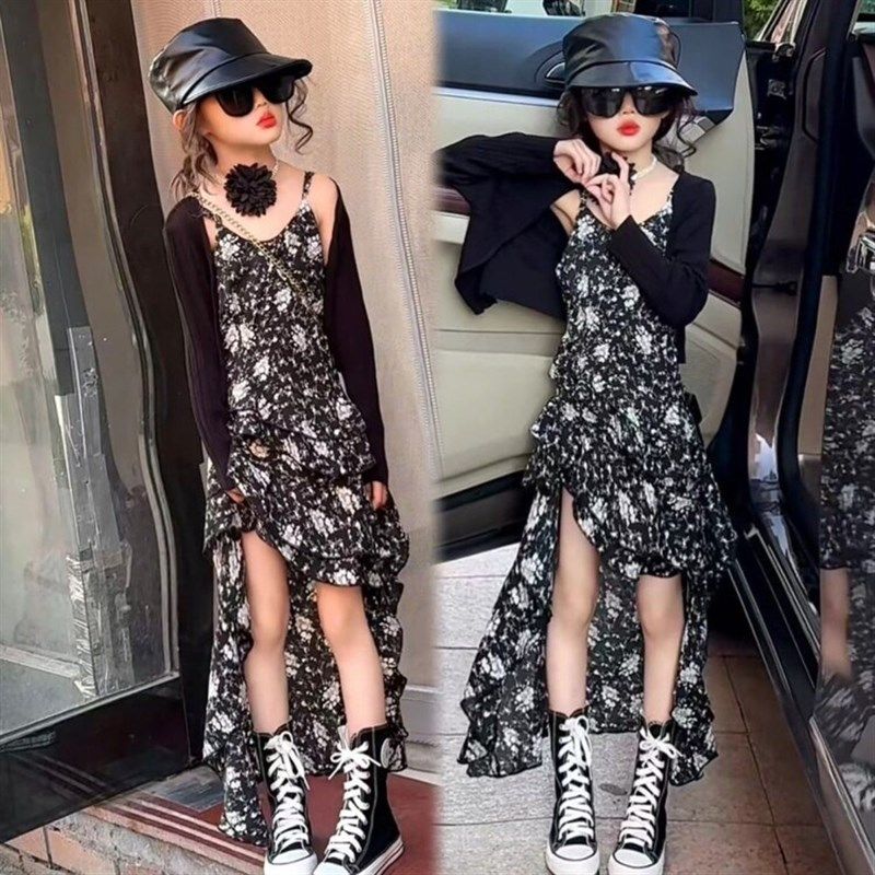 女童吊带裙夏季2024新款儿童夏装雪纺碎花裙子大童女孩网红连衣裙