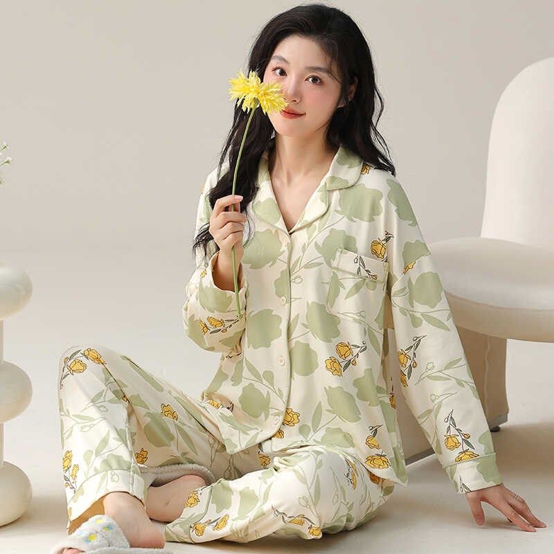 春秋季中年女士睡衣1o00%纯棉长袖长裤全棉质美丽碎花套装家居服