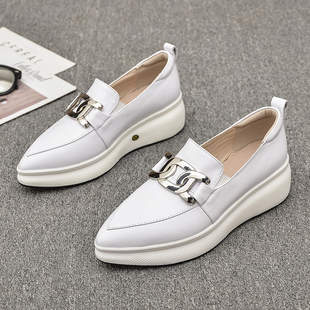 真皮单鞋女秋2023新款尖头一脚蹬厚底英伦风坡跟小皮鞋百搭休闲鞋