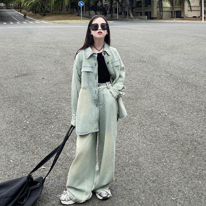 女童2025春款韩系休闲牛仔套装宽松慵懒风夹克宽松阔腿裤子两件套