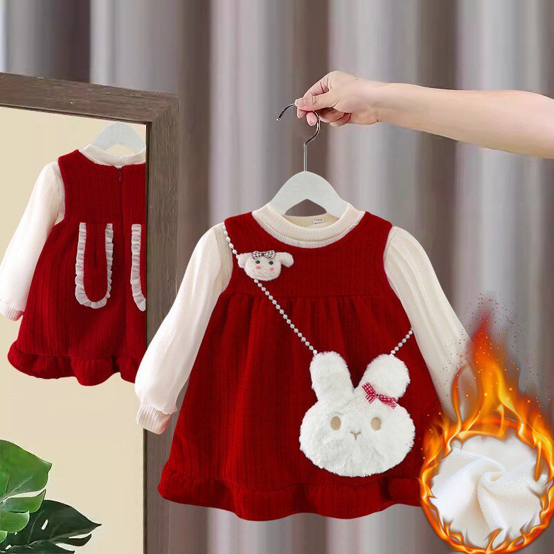 女童连衣裙冬装2024新款加绒儿童公主裙套装一周岁宝宝礼服秋冬季