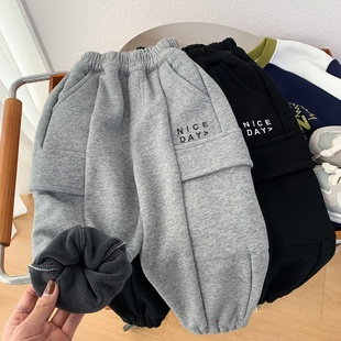 男童一体绒工装裤秋冬新款男孩帅气休闲裤百搭中小童纯棉加绒裤子