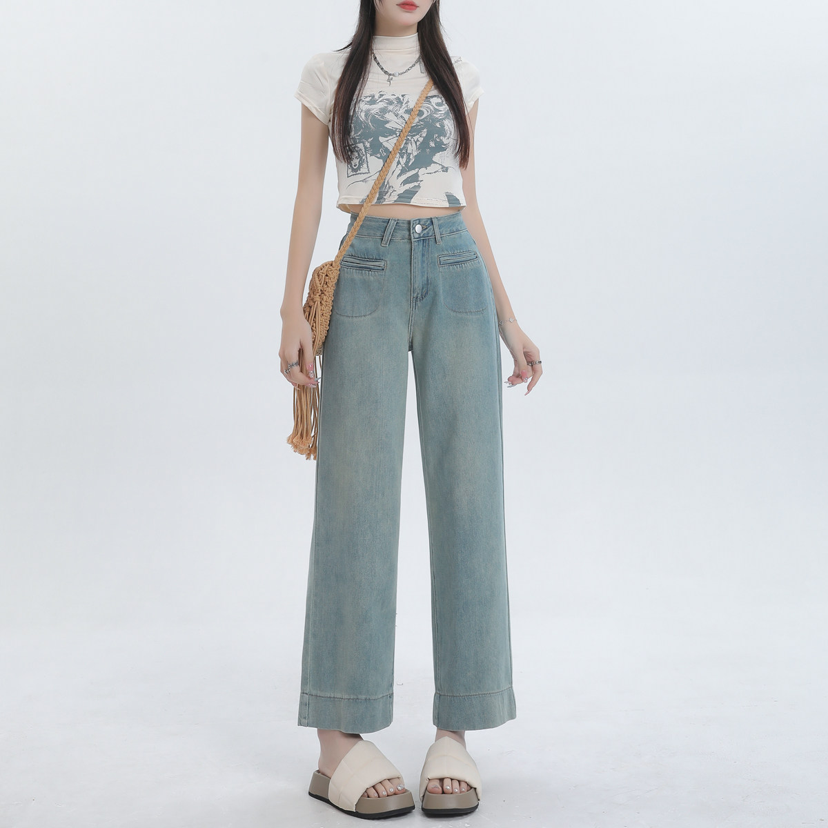 浅色软牛仔裤女夏天薄款新款显瘦九分小个子设计感翻边宽松阔腿裤