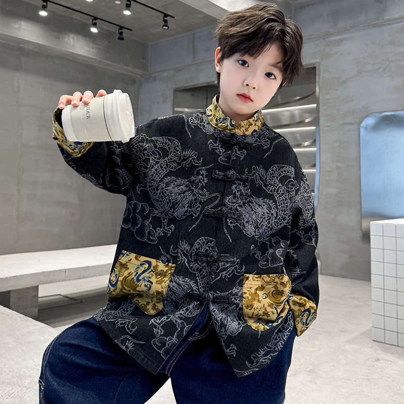 儿童装男童汉服秋装2024新款大童中国古风唐装男孩牛仔外套春秋潮