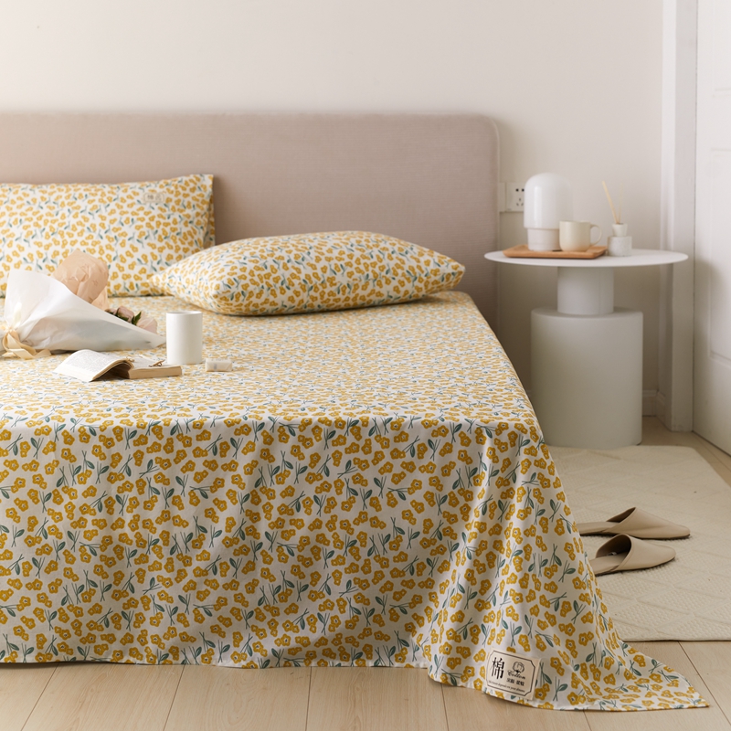 夏日碎花黄 纯水水洗棉单件印花床单单品 双人被单斜纹全棉1.5m床
