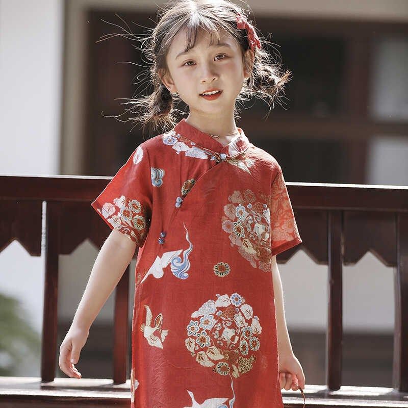 女童旗袍改良款2024夏季宽松儿童中国风连衣裙轻薄中长款裙子童装
