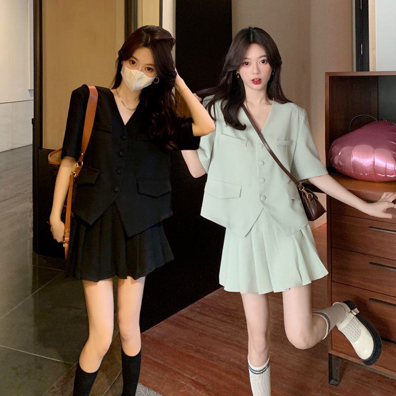 韩版气质大码西装套装裙女夏季2025年新款胖mm显瘦短袖西服上衣