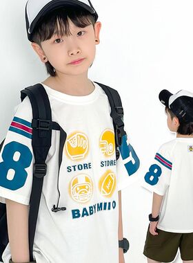 24夏季新款日系潮男儿童装宽松帅气纯棉卡通棒球印花百搭短袖T恤