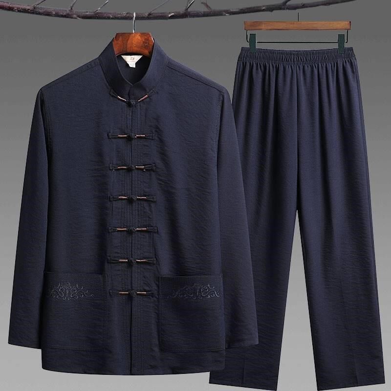 中老年人唐装男长袖棉麻套装爸爸春夏装中式太极服汉服爷爷装