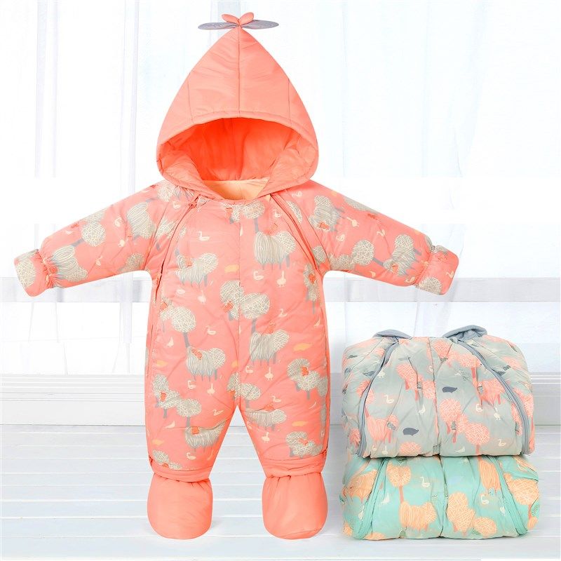 新生婴儿冬季羽绒服连体衣加厚外出服棉衣套装宝宝包脚保暖抱衣哈
