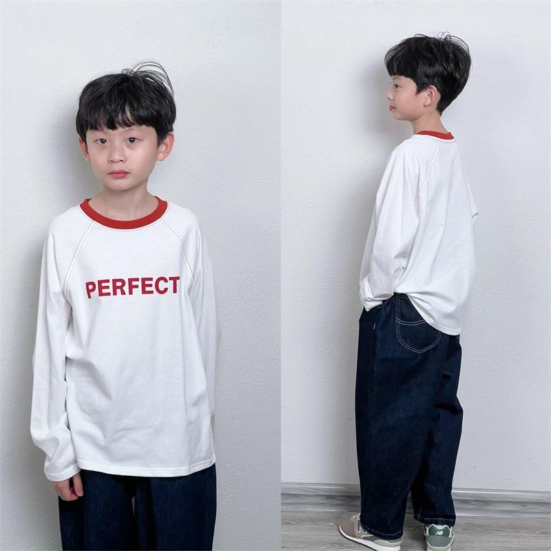 童童妈定制男女童韩版宽松纯棉白色撞色红色领pe复古长袖T恤秋装