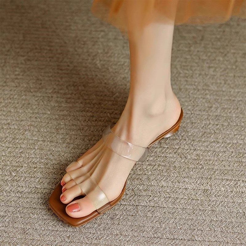 仙女风透明凉拖鞋女夏外穿粗跟低跟软皮简约风配裙子百搭露趾鞋子,女鞋,一字拖,淘宝优惠券,粉丝福利购,淘宝优惠卷