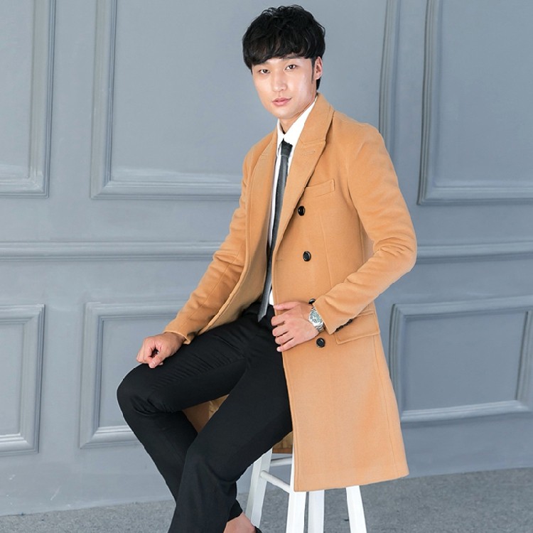 新款秋冬新款男士毛呢大衣双排扣修身翻领外套男装韩版长款风衣男